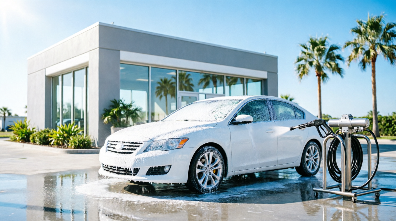 Modern eco-friendly car wash station in Sarasota, Florida under clear blue sky